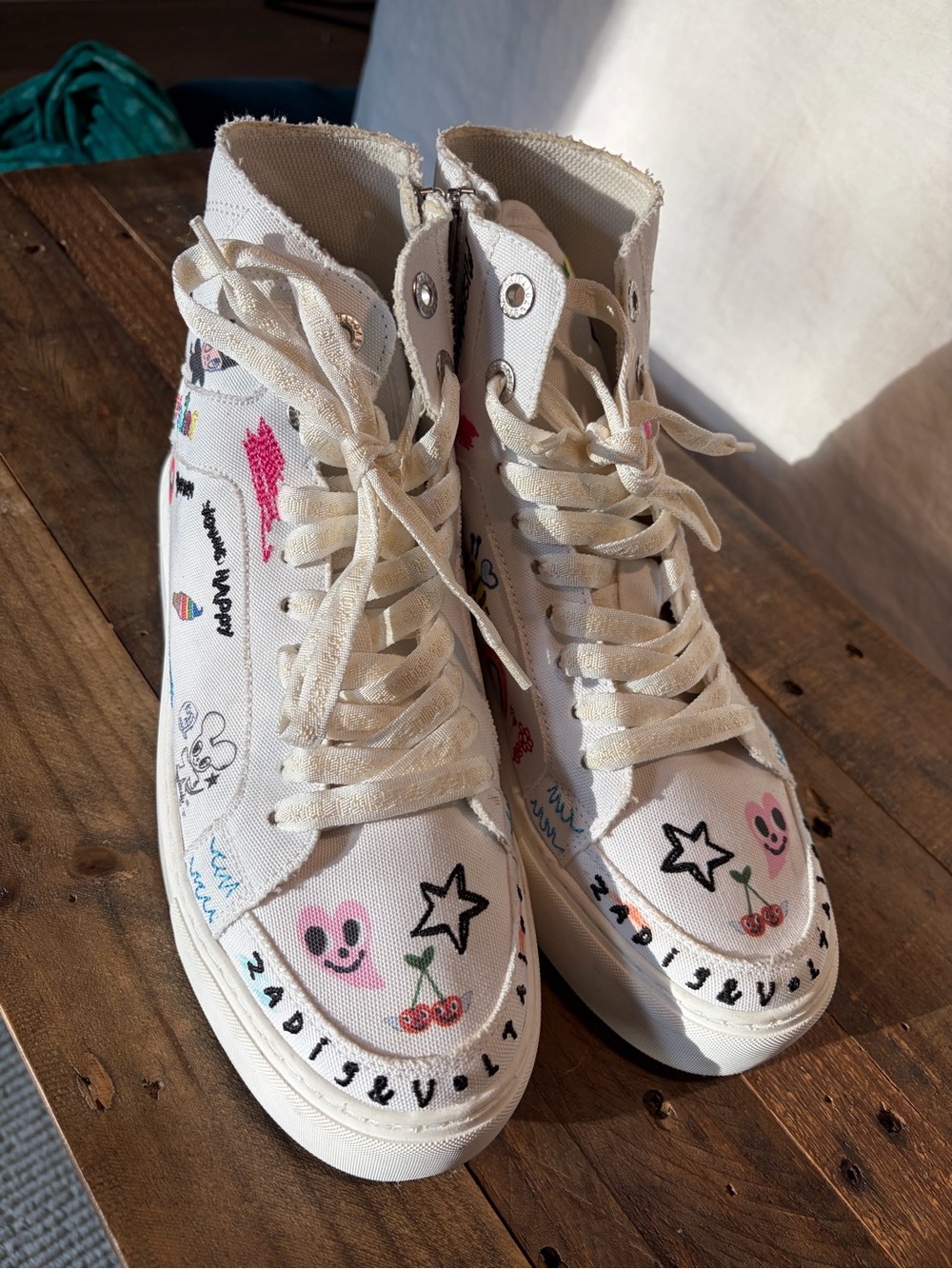 Zadig & Voltaire White High-Top Sneakers with Pink & Black Doodles